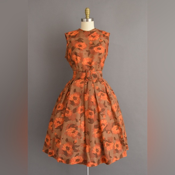vintage 60s dress | Gorgeous Orange Floral Print Fall Full Skirt Dress - Picture 2 of 7